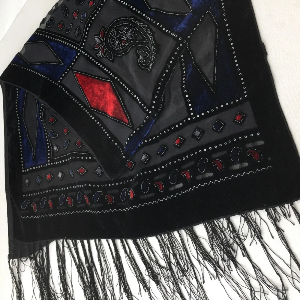 Black Velvet Burnout Paisley Silk-Blend Shawl Scarf Wrap Red & Blue Diamonds